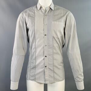 LANVIN Size S Grey White Stripe Cotton Patch Pocket Long Sleeve Shirt